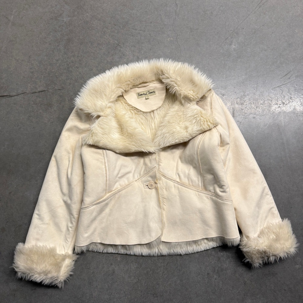 Twenty/Twenty Faux Suede Fur Trim Jacket Cream XL Y2K Penny Lane Style